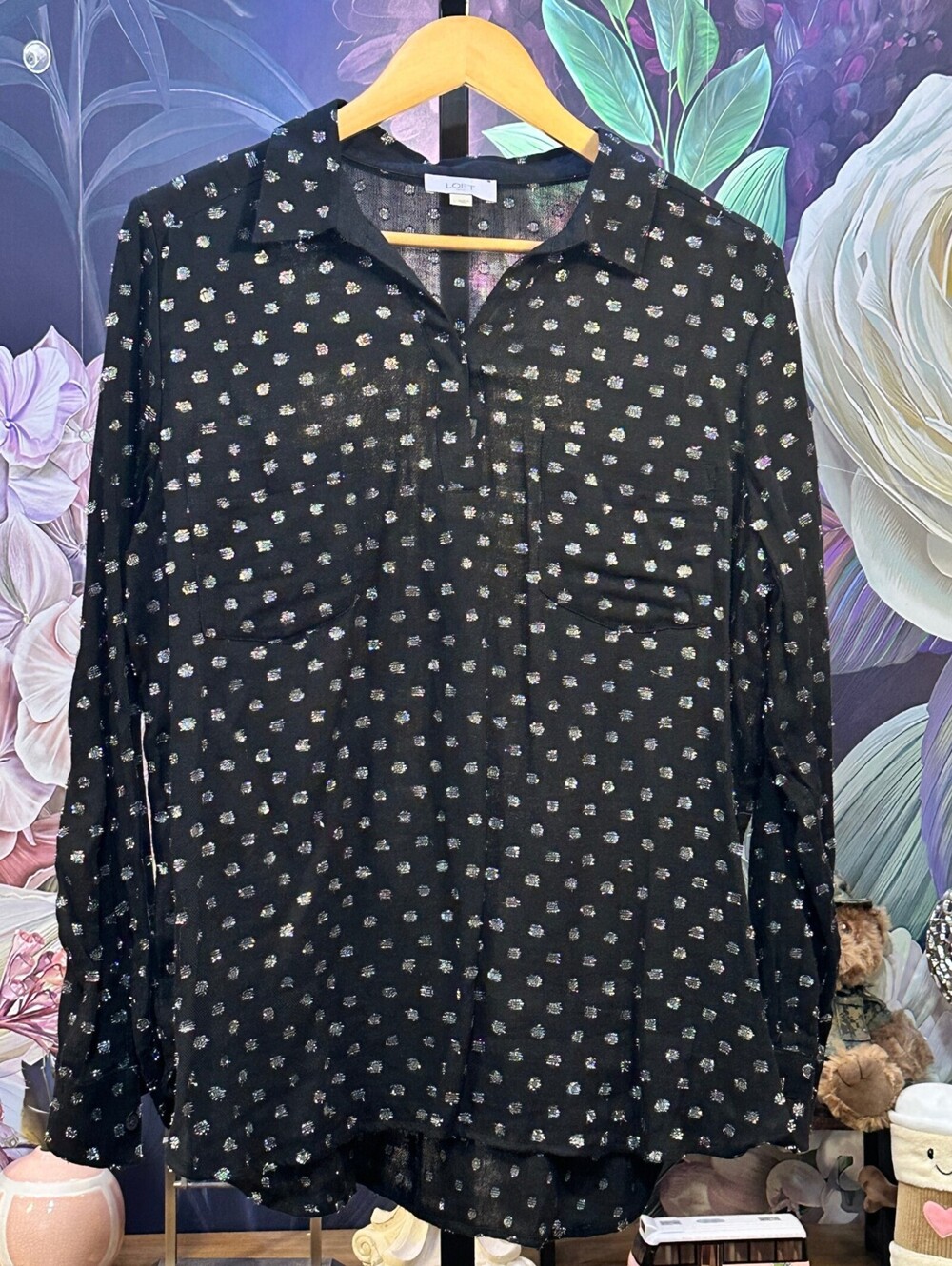 LOFT Outlet L Metallic Polka Dot Button-Down Shirt Glam Feminine Statement Top